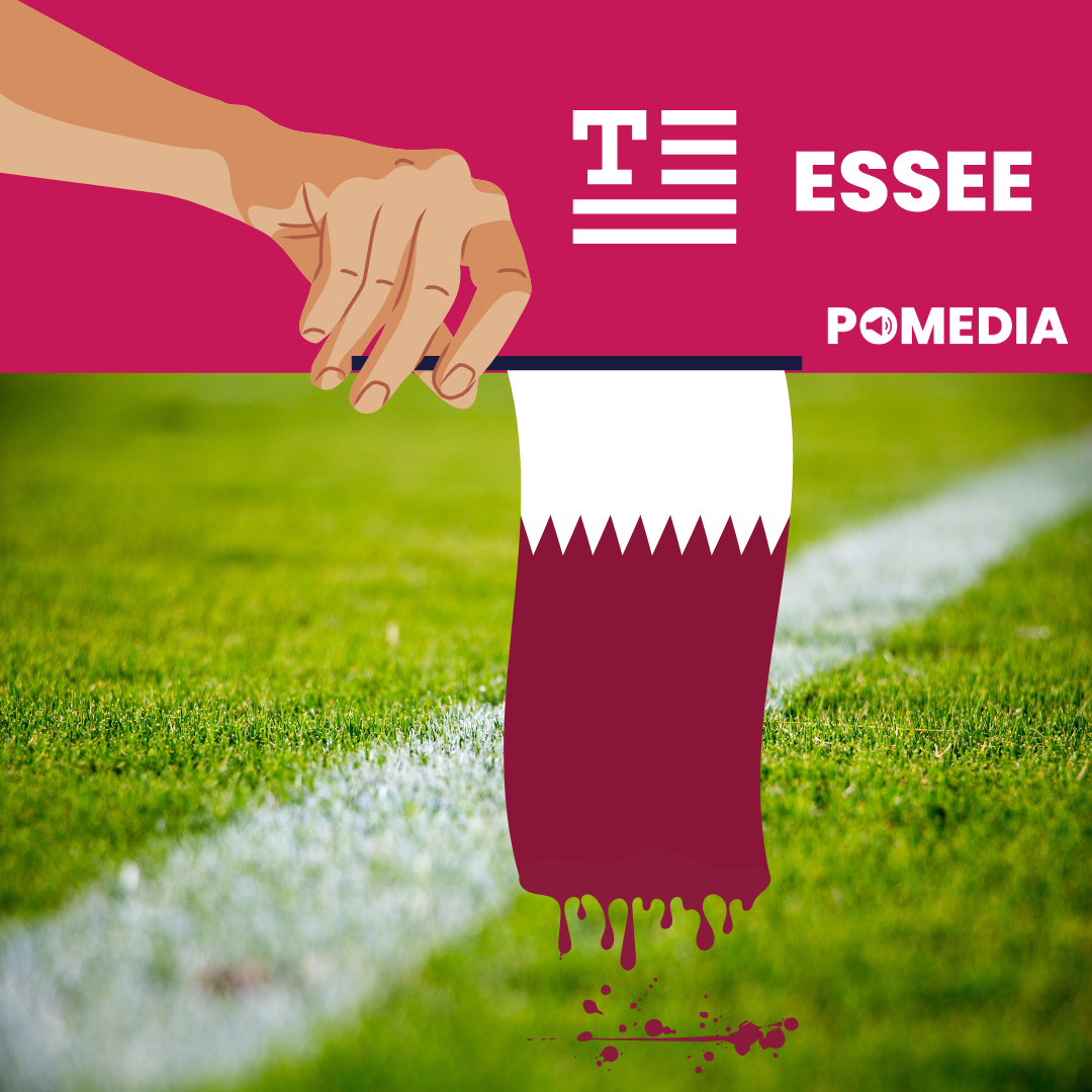 Kuvituskuva Qatarin verisestä lipusta ja jalkapallokentän nurmesta